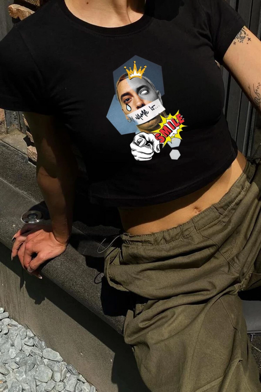 Y2K Sokak Stili Eminem My Name İs ... Baskılı Kısa Kollu Siyah Crop Body
