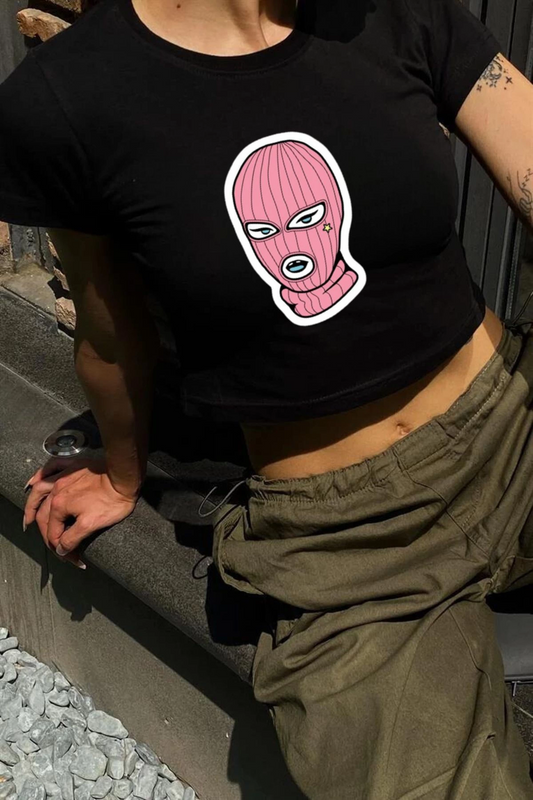 Y2K Sokak Stili GTA Pembe Maske Baskılı Kısa Kollu Siyah Crop Body