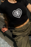 Y2K Sokak Stili Heart Kaburga Rib Baskılı Kısa Kollu Siyah Crop Body