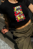 Y2K Sokak Stili Karikatür Desenli Minionlar Baskılı Kısa Kollu Siyah Crop Body