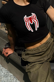 Y2K Sokak Stili Kırmızı Spider örümcek adam Baskılı Kısa Kollu Siyah Crop Body