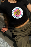 Y2K Sokak Stili Pembe Santa Cruz Temalı Baskılı Kısa Kollu Siyah Crop Body