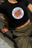 Y2K Sokak Stili Pembe Santa Cruz Temalı Baskılı Kısa Kollu Siyah Crop Body