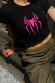 Y2K Sokak Stili Pembe örümcek adam Baskılı Desenli Kısa Kollu Siyah Crop Body