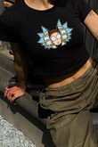 Y2K Sokak Stili Rick and Morty Desenli Baskılı Kısa Kollu Siyah Crop Body