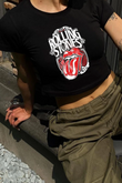 Y2K Sokak Stili Rolling Stones Baskılı Kısa Kollu Siyah Crop Body