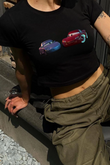 Y2K Sokak Stili Şimşek Mcqueen and Sally Model Baskılı Kısa Kollu Siyah Crop Body