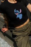 Y2K Sokak Stili Stitch Baskılı Kısa Kollu Siyah Crop Body
