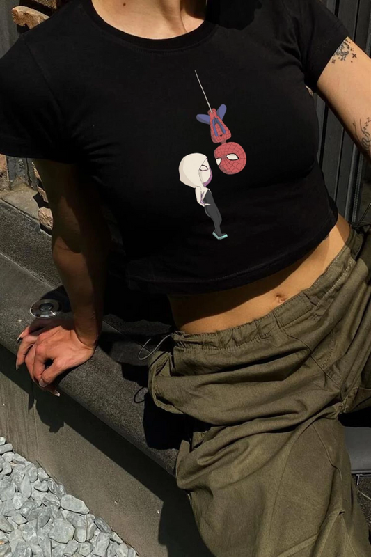 Y2K Sokak Stili Ters örümcek adam Love Baskılı Kısa Kollu Siyah Crop Body