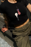 Y2K Sokak Stili Ters örümcek adam Love Baskılı Kısa Kollu Siyah Crop Body