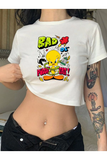 Y2K Sokak Stili Twitty Sarı Civciv Baskılı Kısa Kollu Beyaz Crop Body