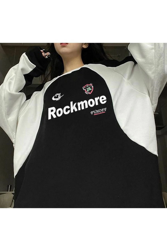 Y2K Streetwear Rockmore Funoff Baskılı Siyah Unisex Oversize Bisiklet Yaka Sweatshirt