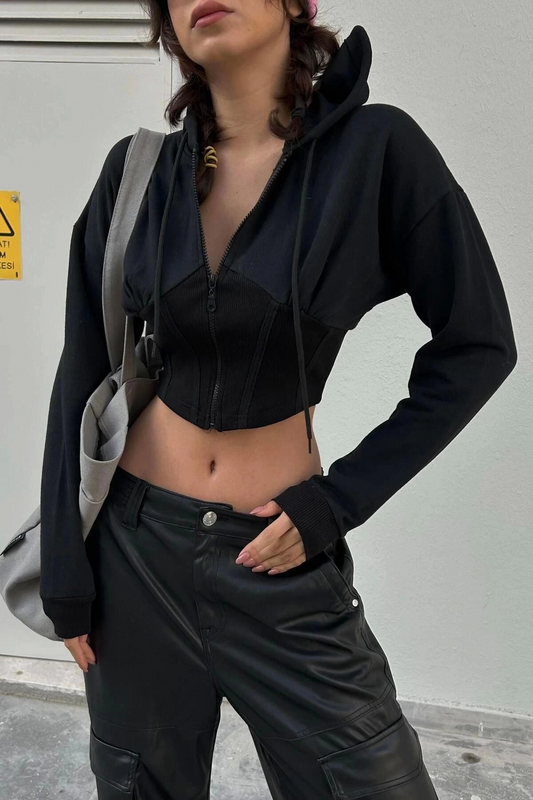 Yeni Siyah Şeritli Crop Top Fermuarlı Kapüşonlu Sweatshirt