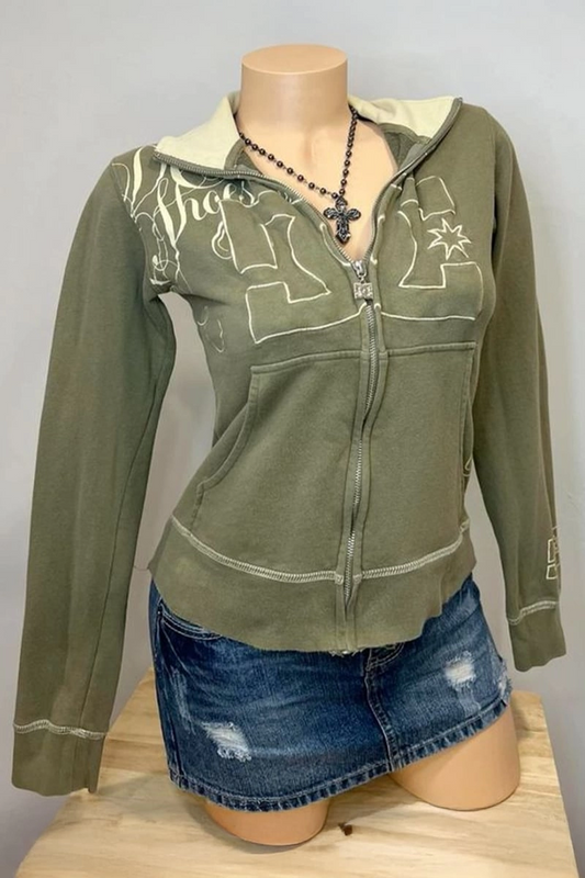 Yeşil Dikiş Detaylı Y2K Crop Hırka