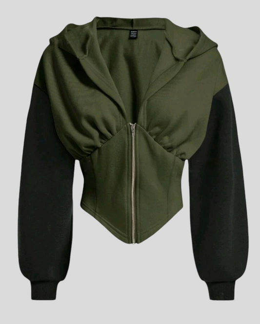 Yeşil Uzun Kollu Korse Kesim Fermuarlı Ceket