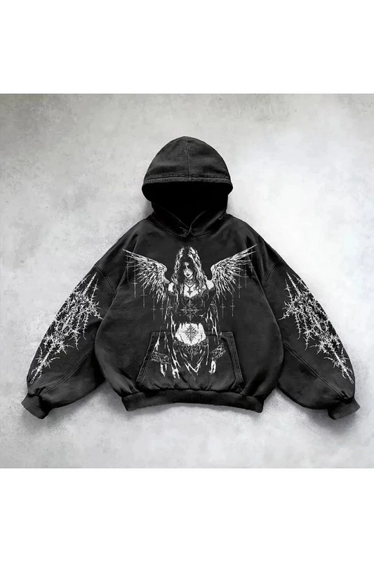 Yıkamalı Angel Wings Women Gothic Kapüşonlu Sweatshirt