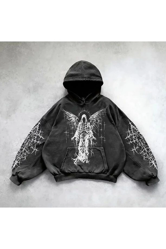 Yıkamalı Devil Winged Gothic Kapüşonlu Sweatshirt