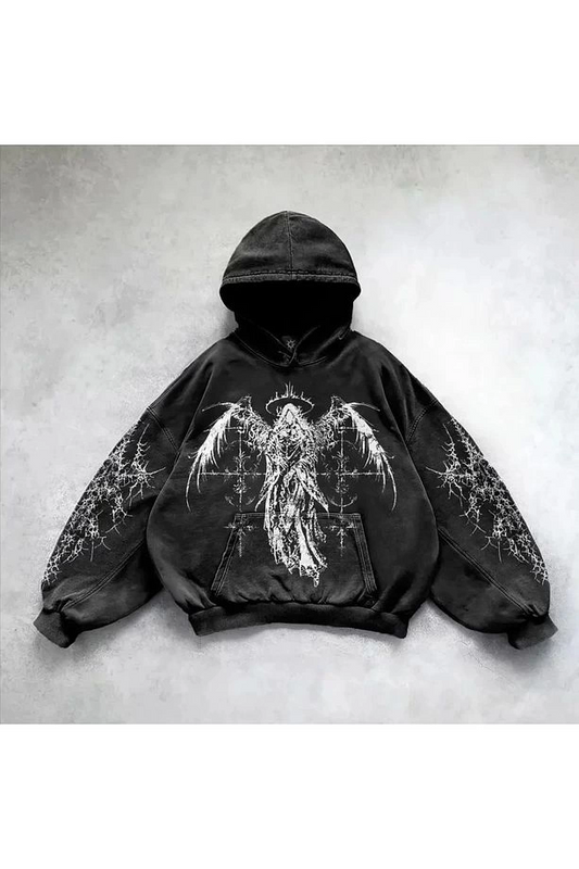 Yıkamalı Skeptical Angel Gothic Kapüşonlu Sweatshirt
