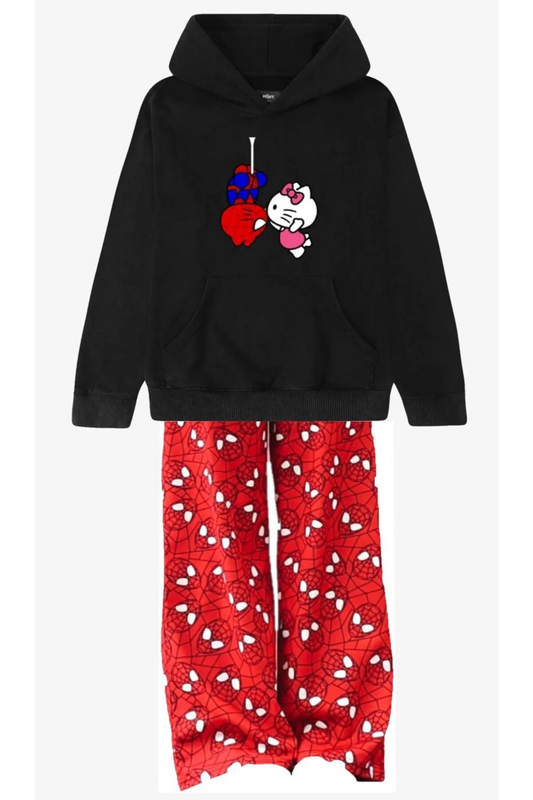 Yk2 Hello Kitty Spider-man Love Siyah Sweatshirt Kırmızı Eşofman Altı Alt-Üst Takım