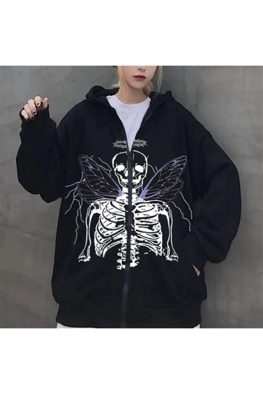 Zolid Harajuku Angel Skeleton Fermuarlı Kapşonlu Kalın Hırka